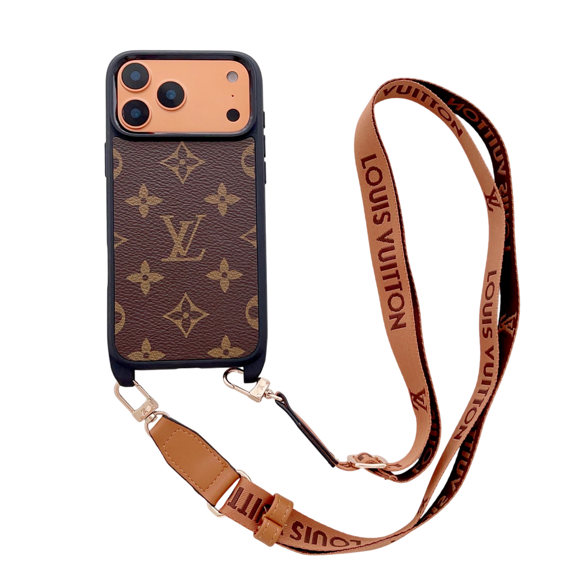 Brown patterned phone case with a detachable crossbody strap
