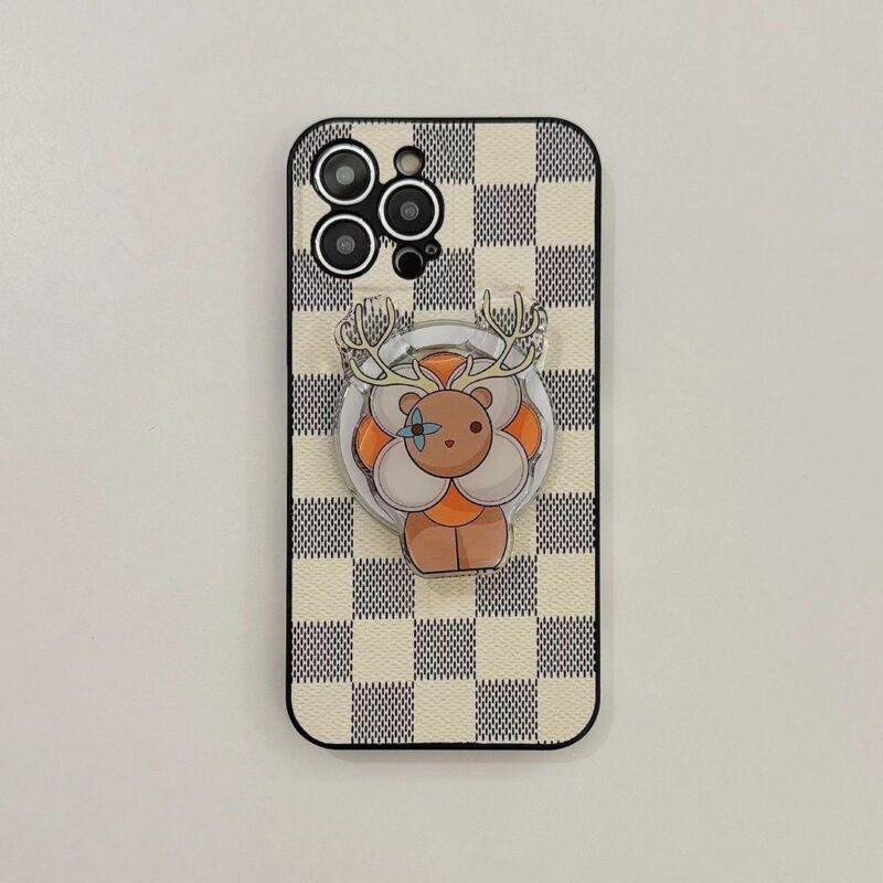 Checkered iPhone case with a circular magnetic kickstand