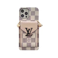 Monogram iPhone case with wallet and strap white grid