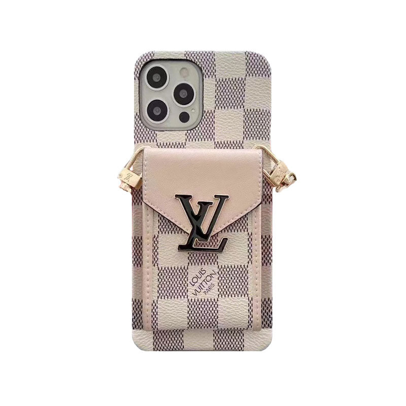 Monogram iPhone case with wallet and strap white grid
