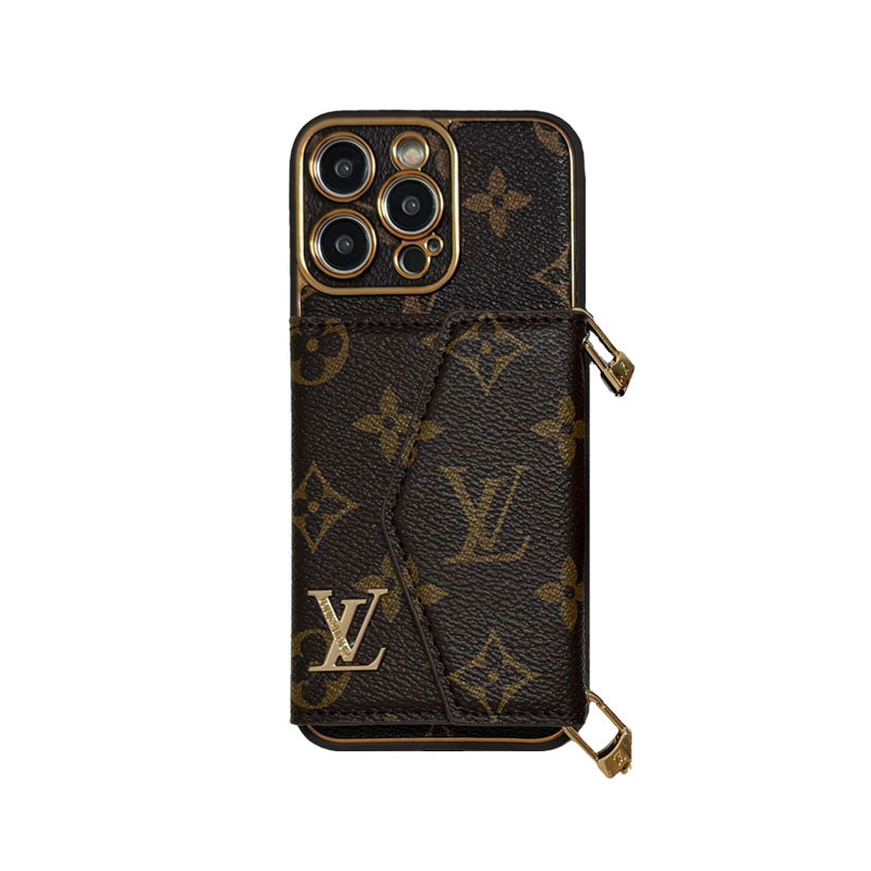 Monogram iPhone case with wallet and strap brown big printing