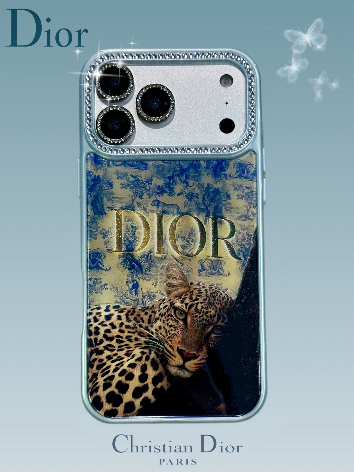 Blue and gold collage iPhone case with botanical and animal print details