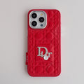 Red quilted iPhone case with a back grip tab and silver-tone emblem
