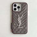 Taupe quilted iPhone case with a back grip tab and silver-tone initials
