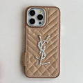 Champagne quilted iPhone case with silver-tone monogram initials