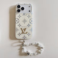 White and gray monogram iPhone case with a beaded wrist strap