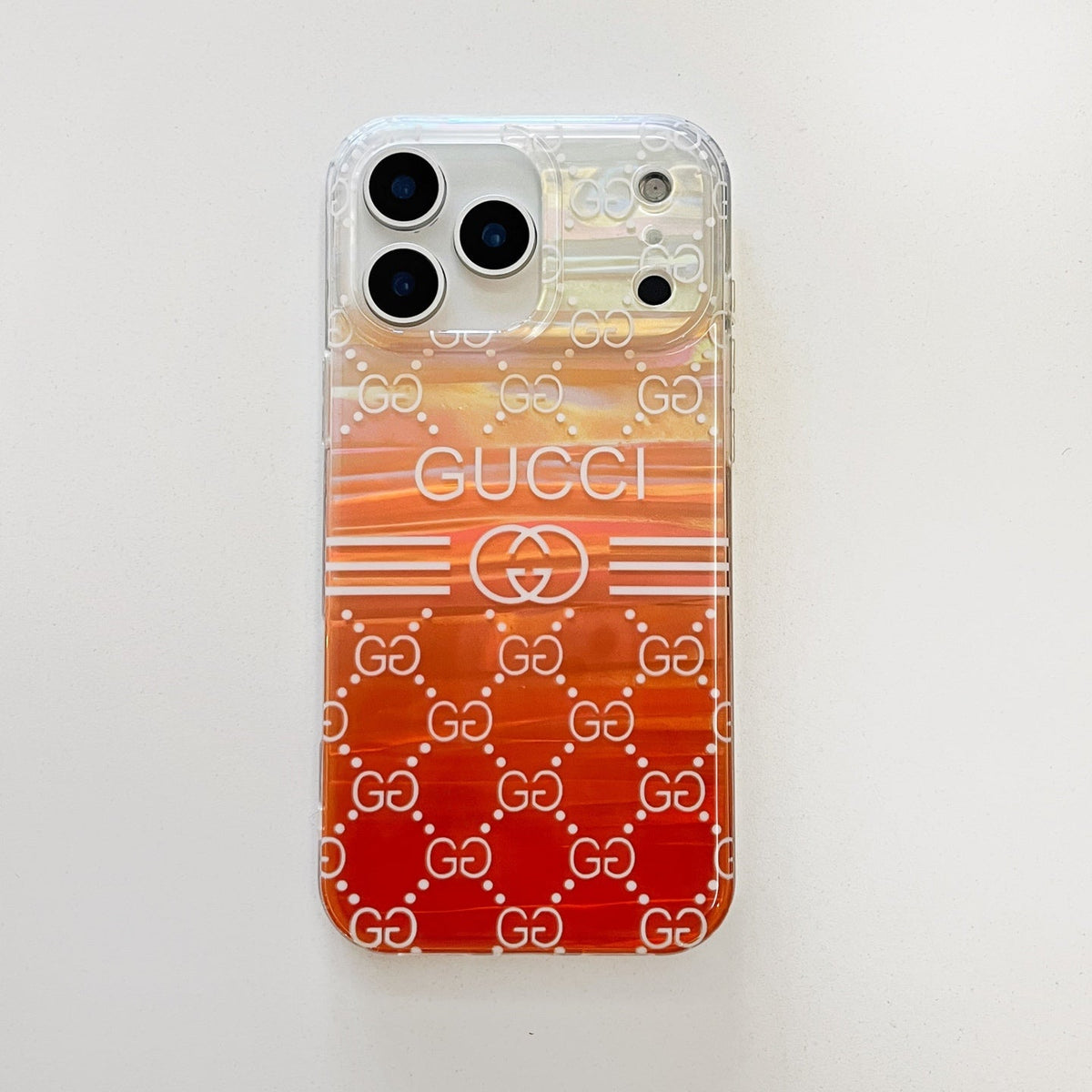 Orange gradient monogram iPhone case with white stripe details