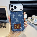 Blue monogram iPhone case with a brown back card pocket