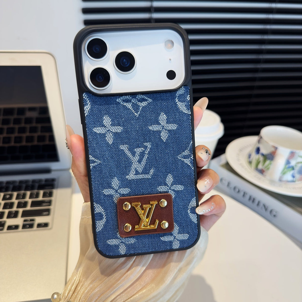 Blue monogram iPhone case with a brown back card pocket
