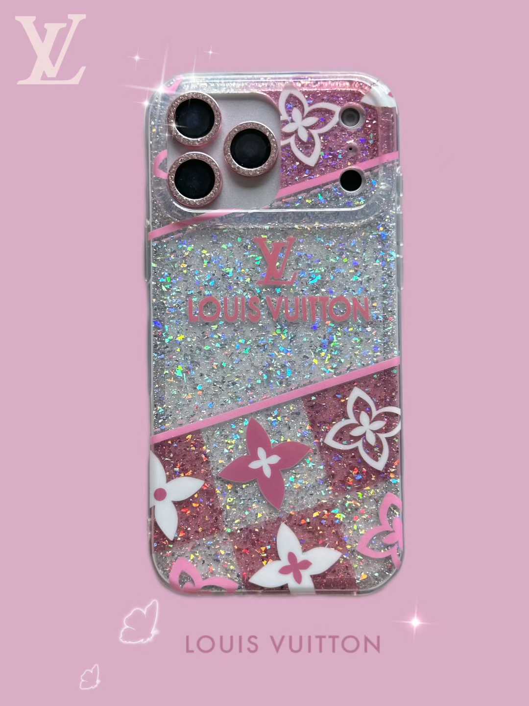 Pink glitter monogram iPhone case with white flower accents