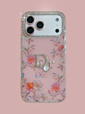 Pink floral iPhone case with a jeweled camera border