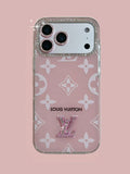 Pink and gray monogram iPhone case with a jeweled camera border