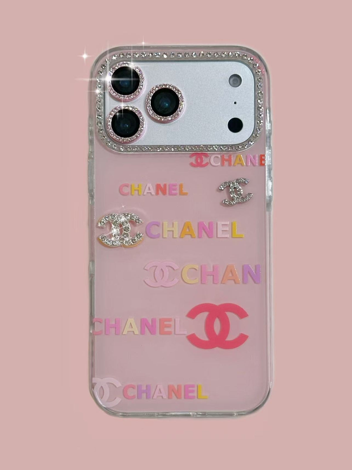 Clear pink typography iPhone case with a jeweled camera border