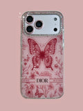 Pink butterfly-print iPhone case with a jeweled camera border
