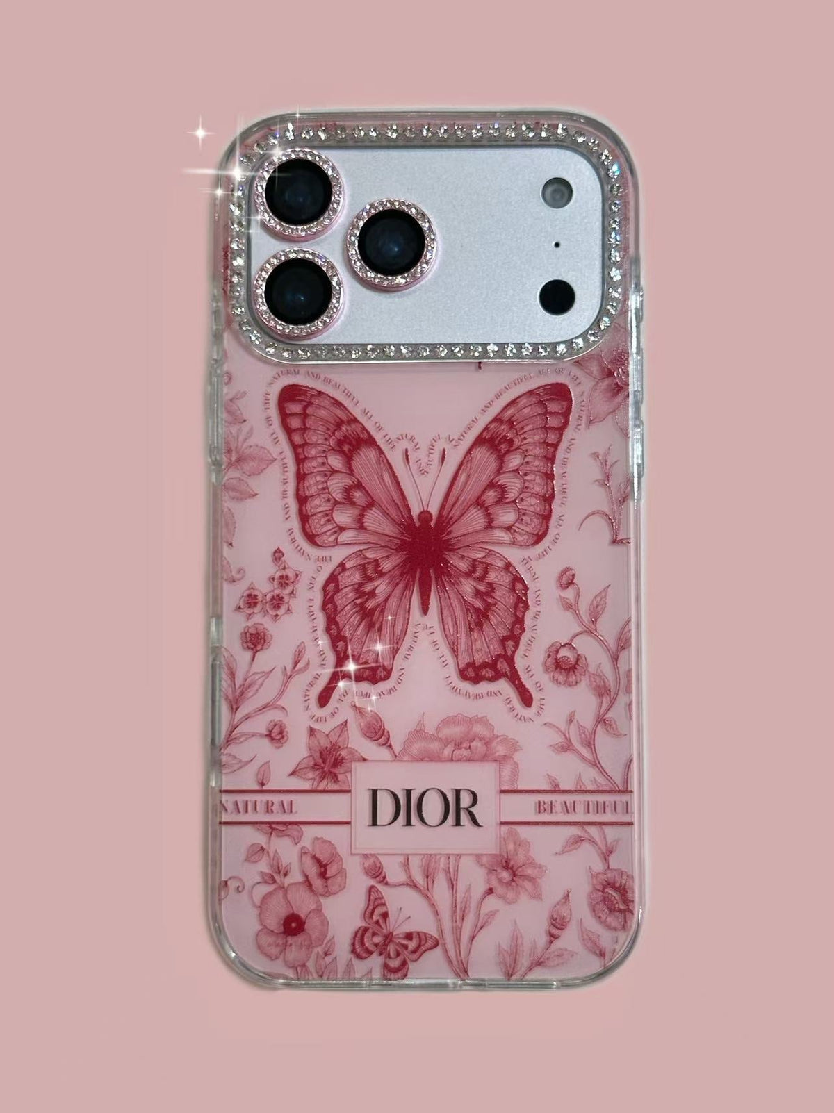Pink butterfly-print iPhone case with a jeweled camera border
