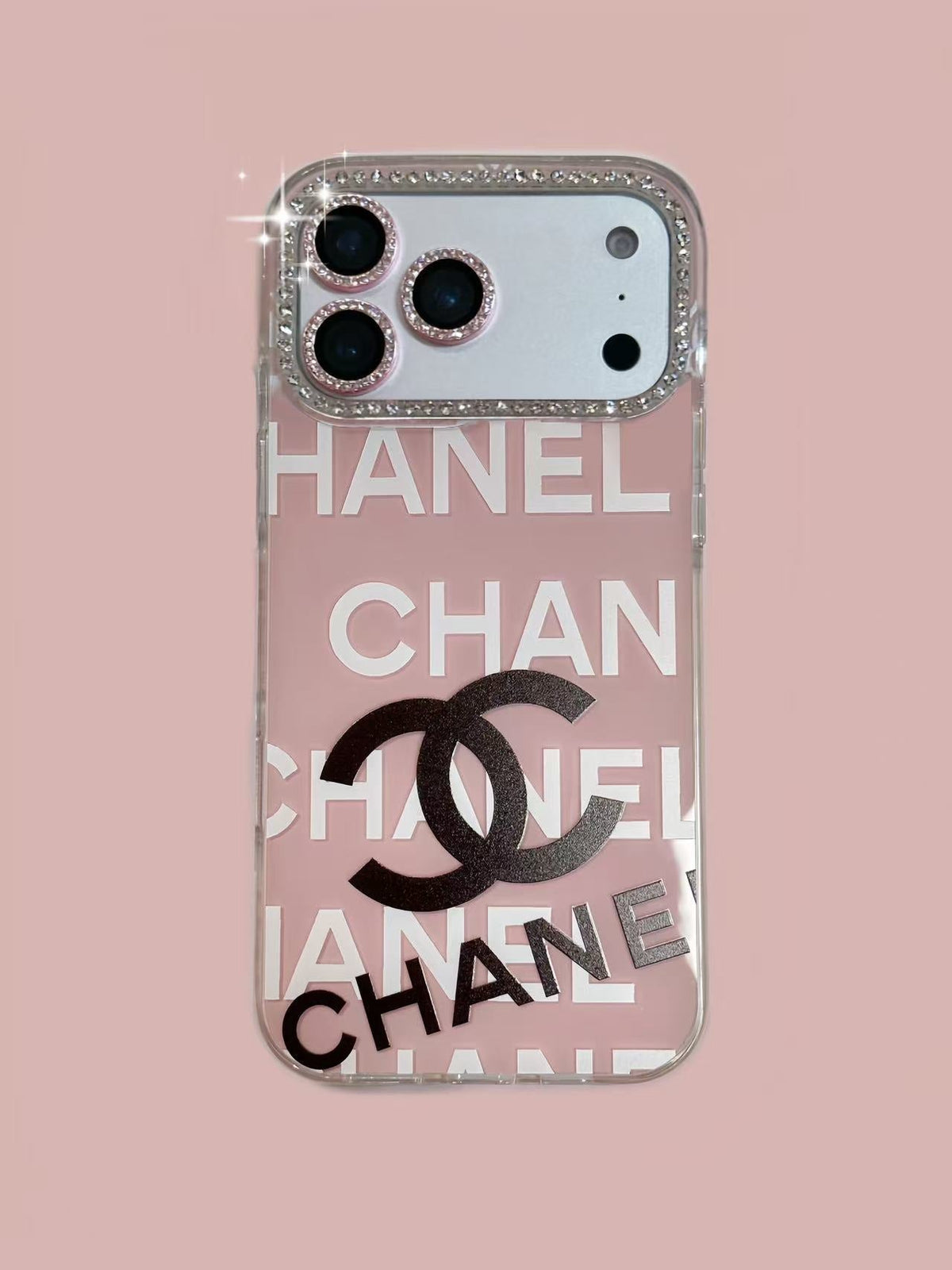 Pink typography iPhone case with a jeweled camera border