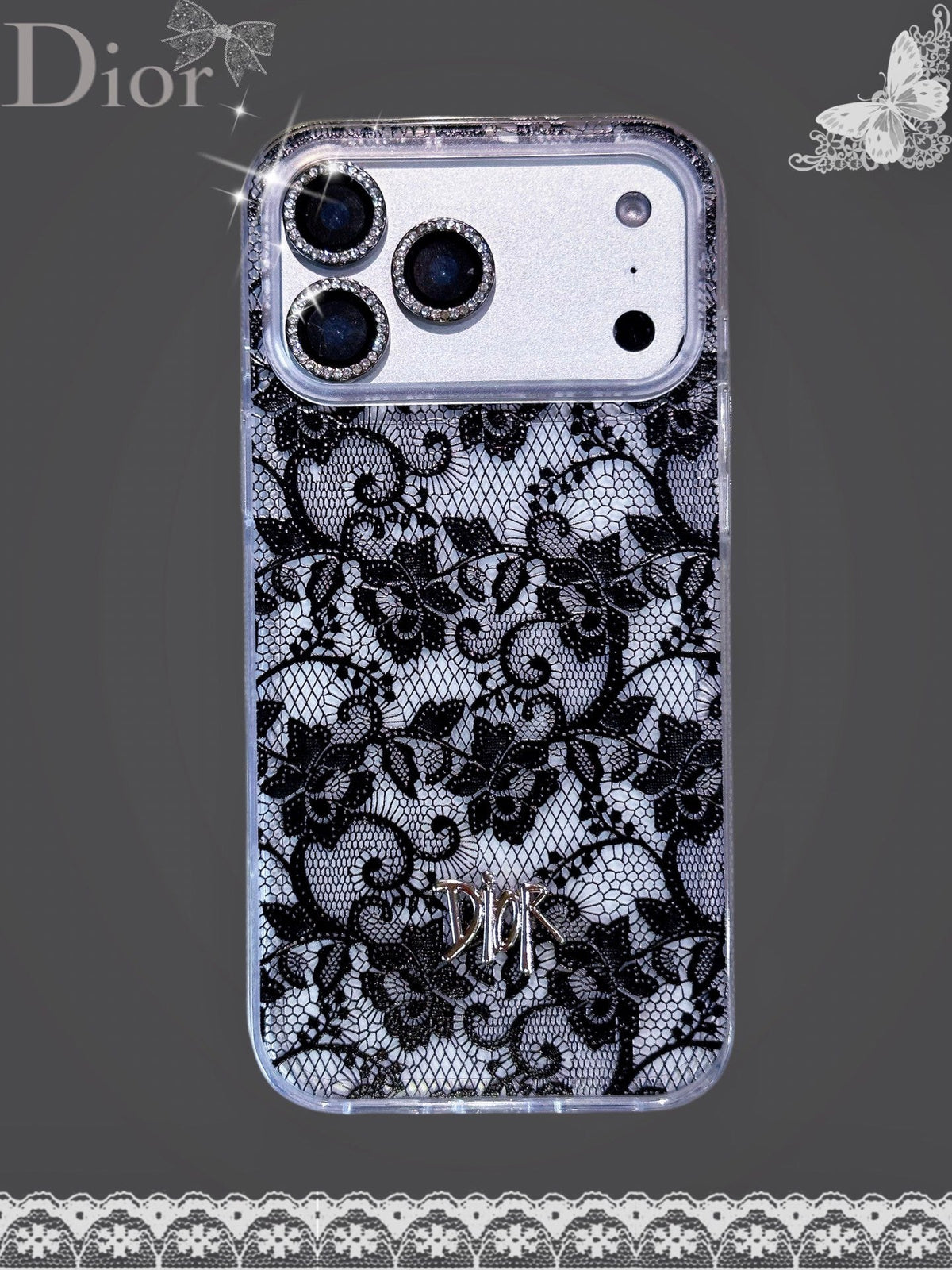 Blue and black lace-pattern iPhone case with floral details