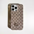 Beige monogram-print iPhone case with a gold-tone central emblem