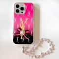 Hot pink and black iPhone case with a bow detail and beaded wrist strap