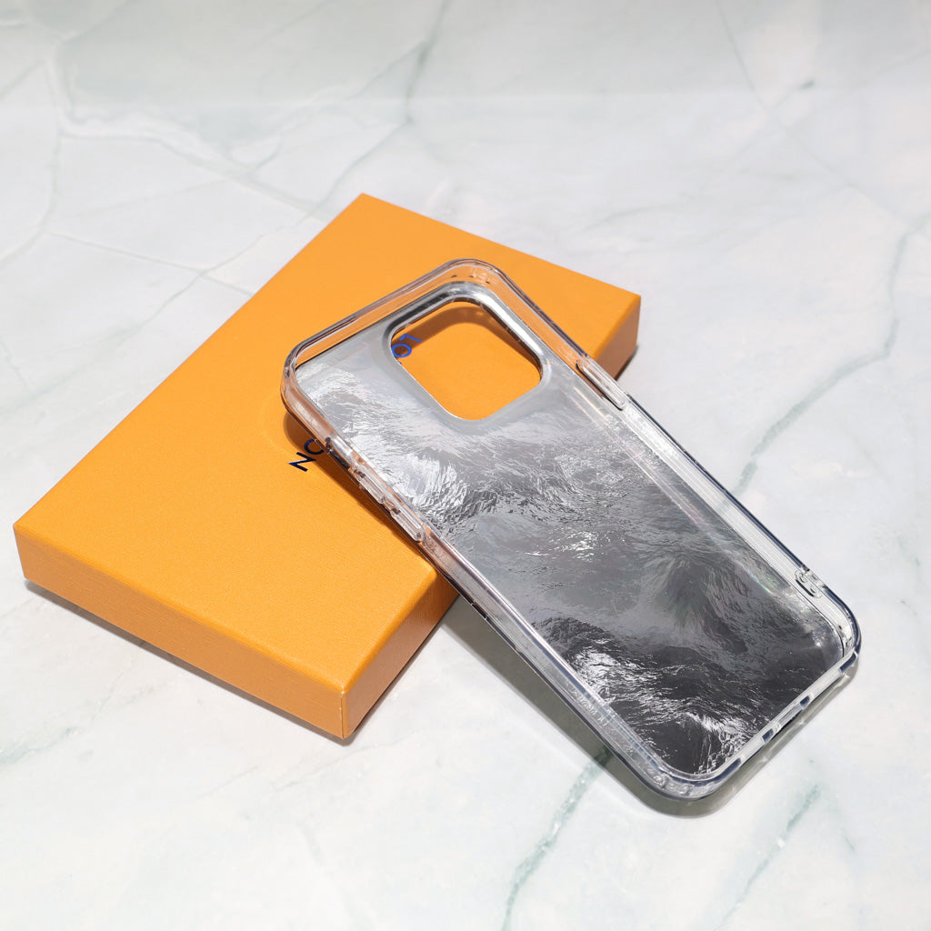 Black LV iPhone case with golden monogram showing the fitted protective back and slim edges