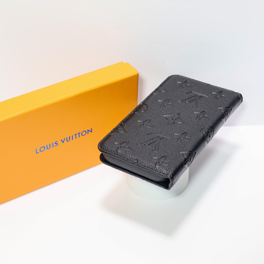 LV black wallet phone case showing the folding leather design and fitted phone shell