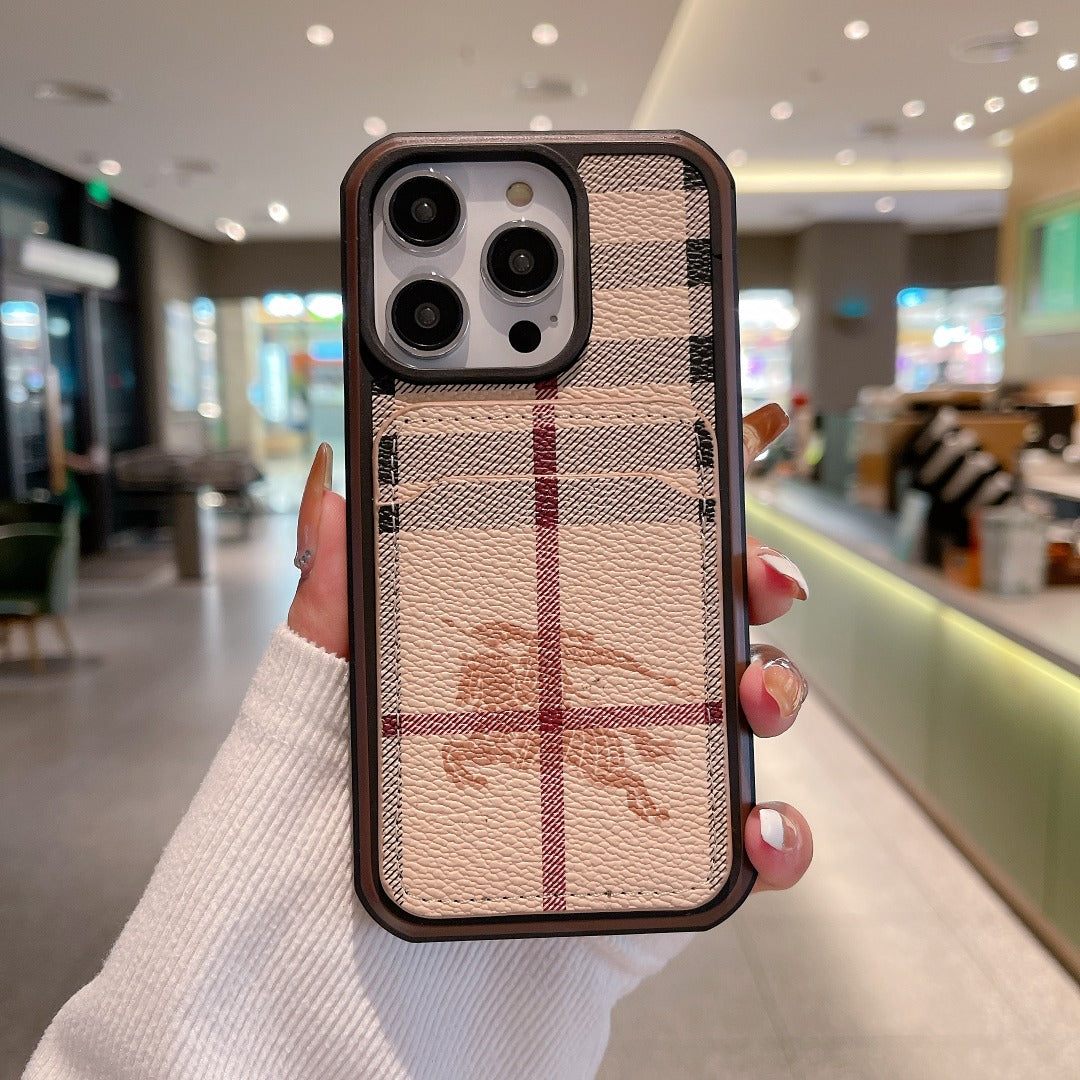 Designer leather iPhone case showing an alternate check pattern and protective back cover