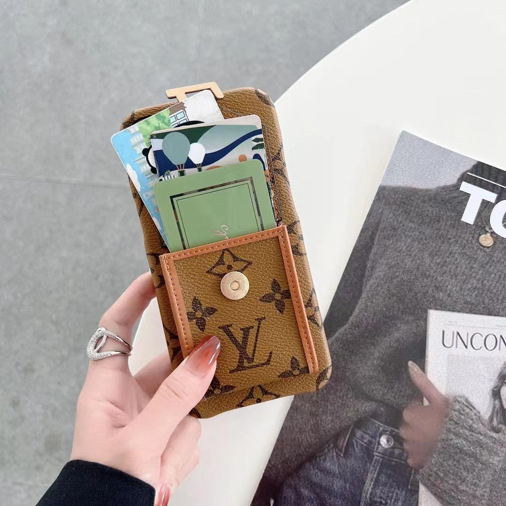 Detailed view of the LV leather iPhone case showing the card storage and edge finish