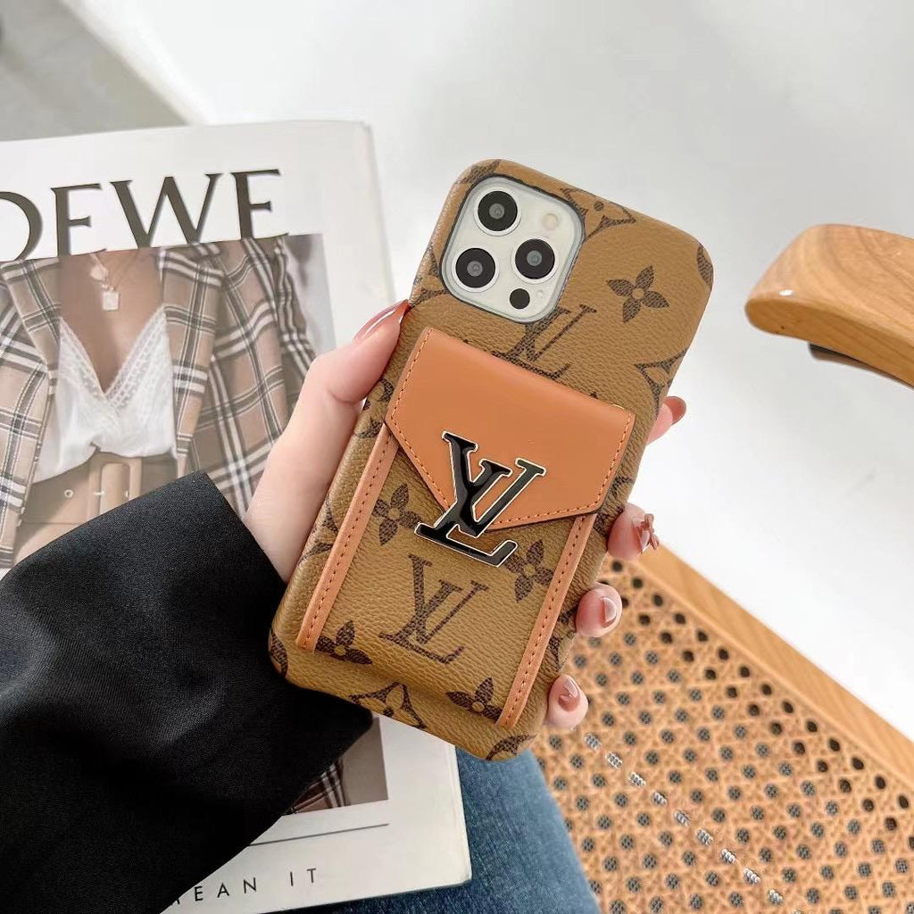 LV iPhone card slot case showing the patterned back, camera opening and fitted corners