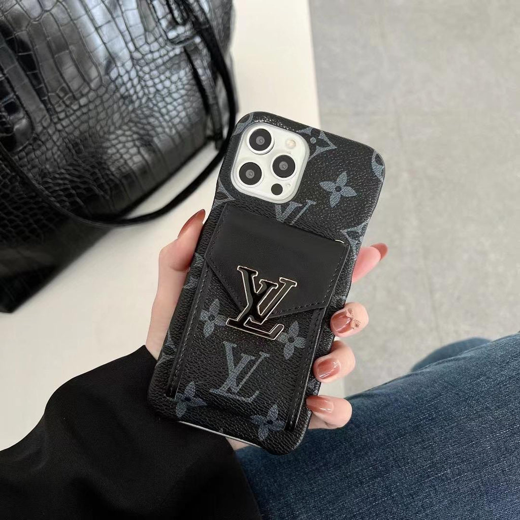 LV fashion leather iPhone case showing the card slot design and protective back cover