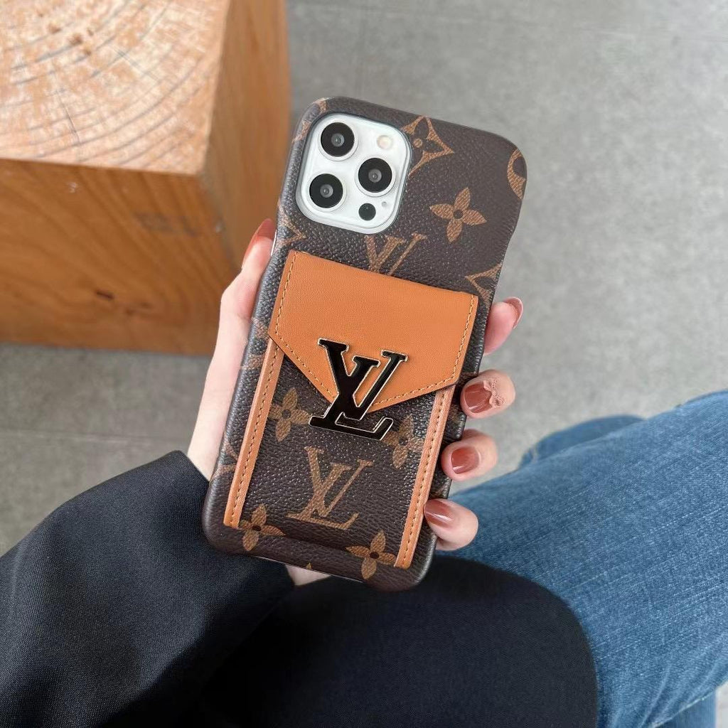 Close-up product view of the leather iPhone card holder case and rear wallet feature