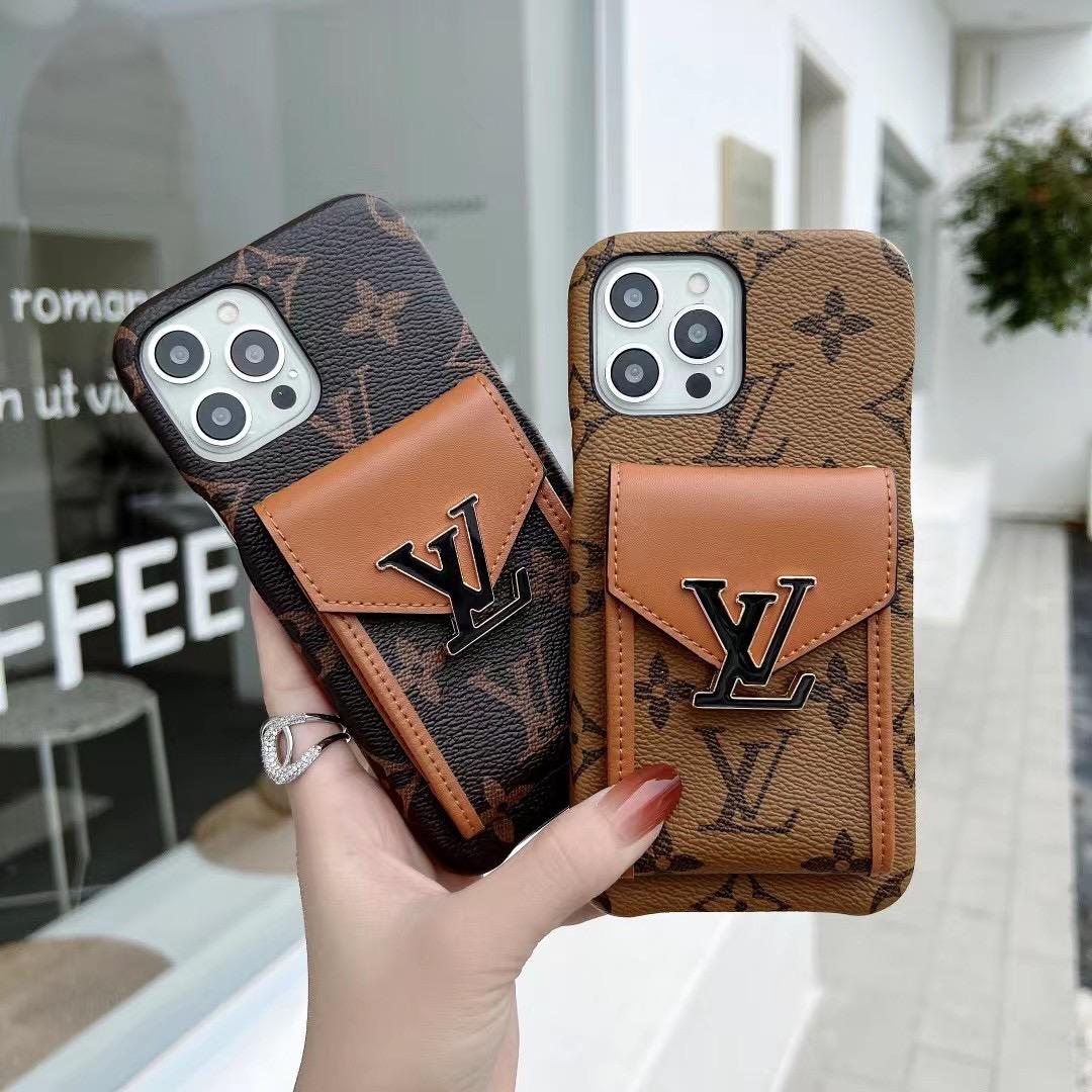 LV leather iPhone card slot case showing the integrated card holder and patterned back