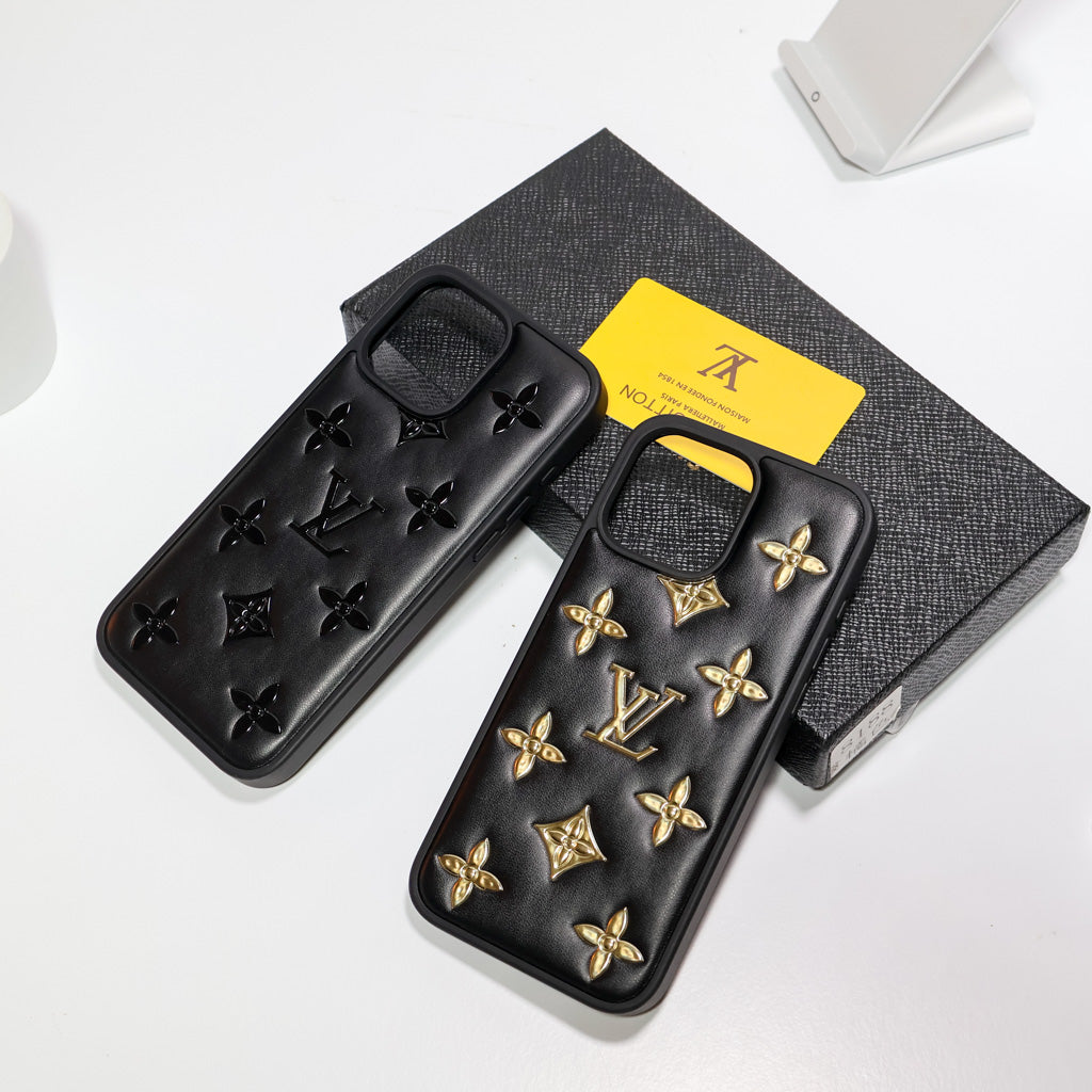 Close-up of the luxury LV iPhone case highlighting the leather surface and pattern