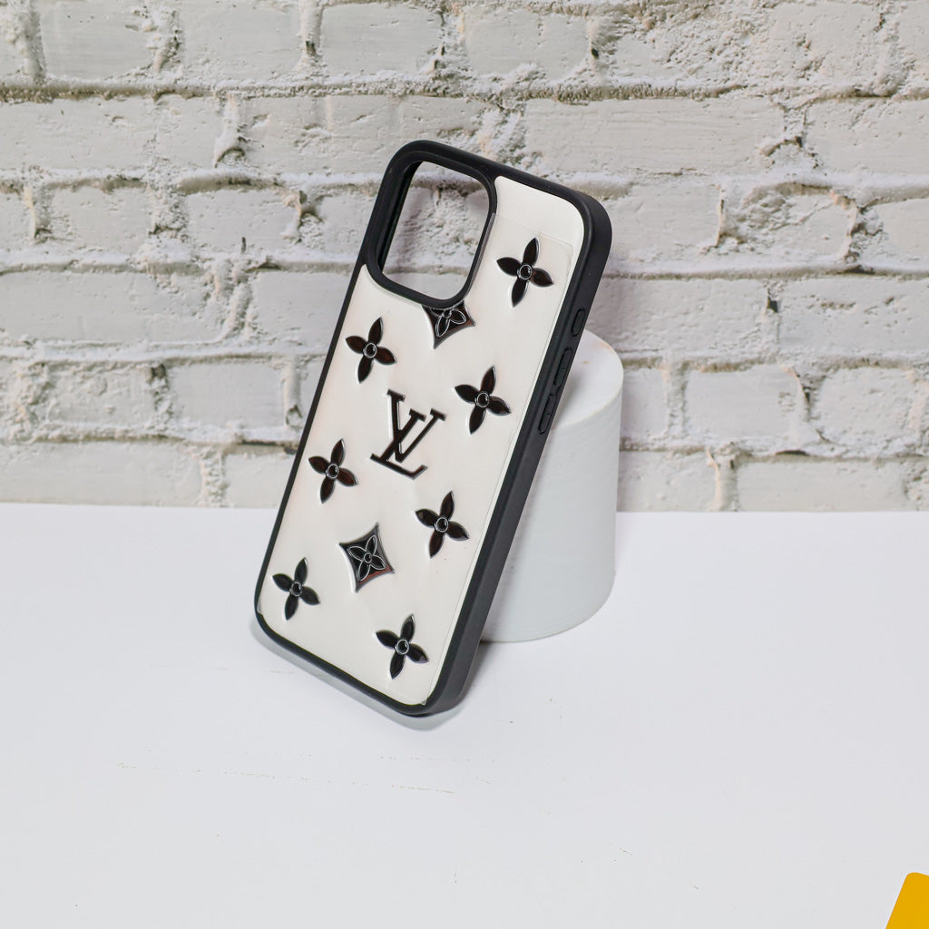 Luxury LV design iPhone case showing the full back cover and fitted protective profile