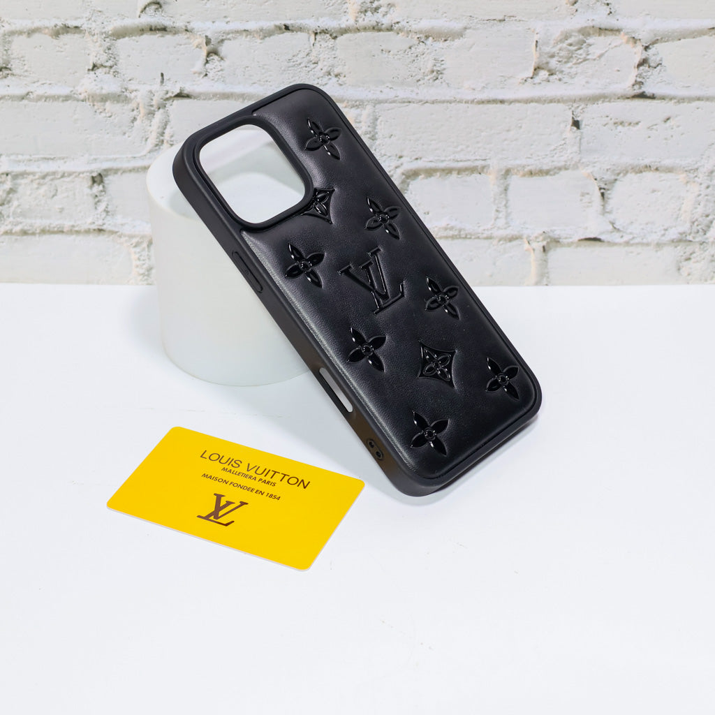 Detailed view of the LV designer iPhone case showing the rear pattern and slim fit