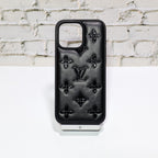 LV designer iPhone case shown from the rear with the patterned leather finish visible