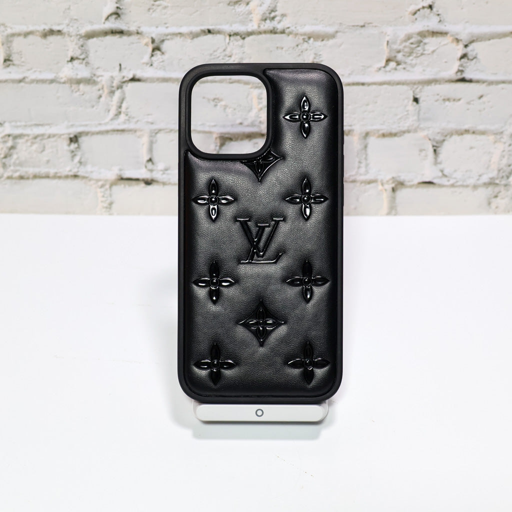LV designer iPhone case shown from the rear with the patterned leather finish visible