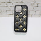 Close-up of the luxury LV iPhone case showing material texture and protective corners