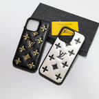 Luxury LV iPhone case showing the leather back design and fitted camera opening