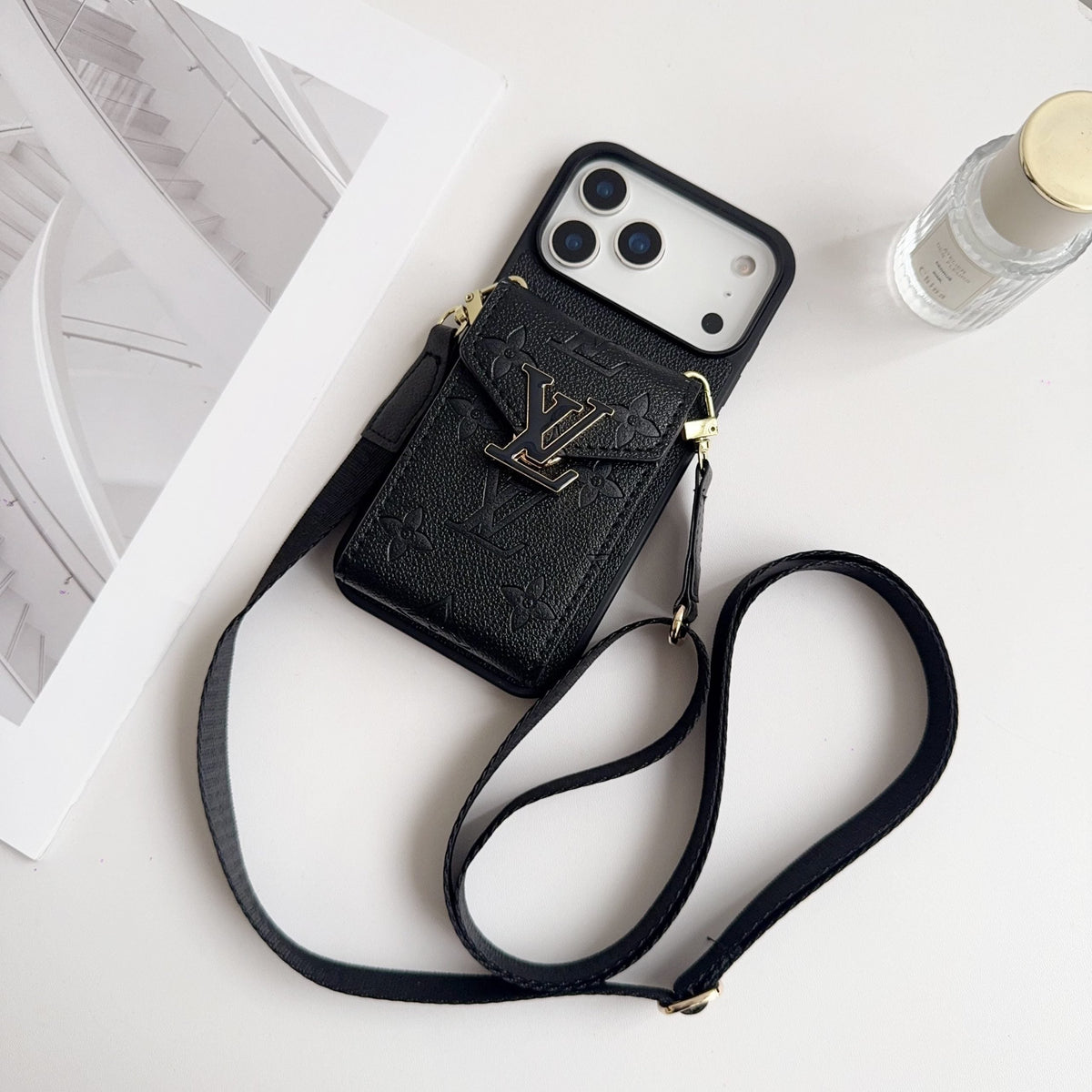 Black Leather Crossbody Designer iPhone 17 Phone Case
