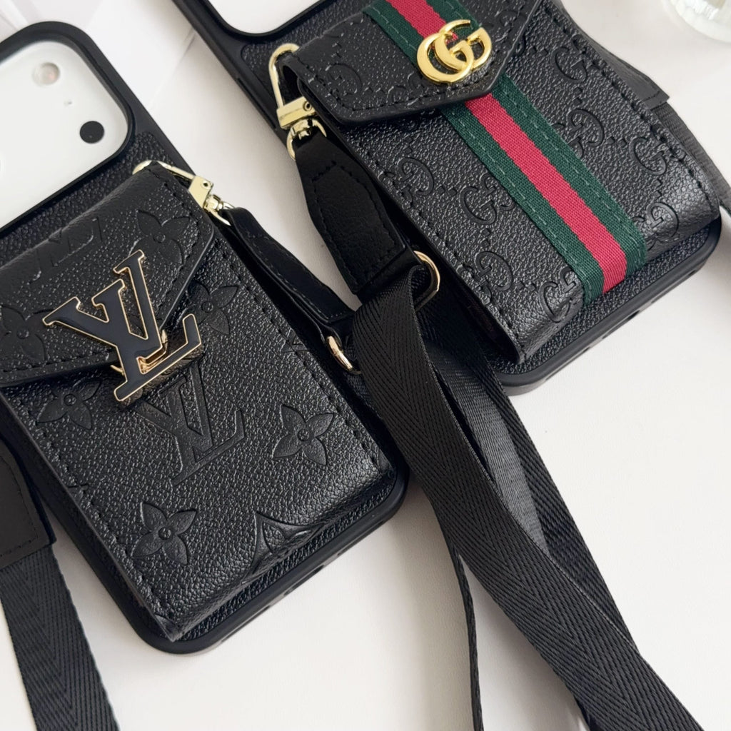 Black Leather Crossbody Designer iPhone 17 Phone Case