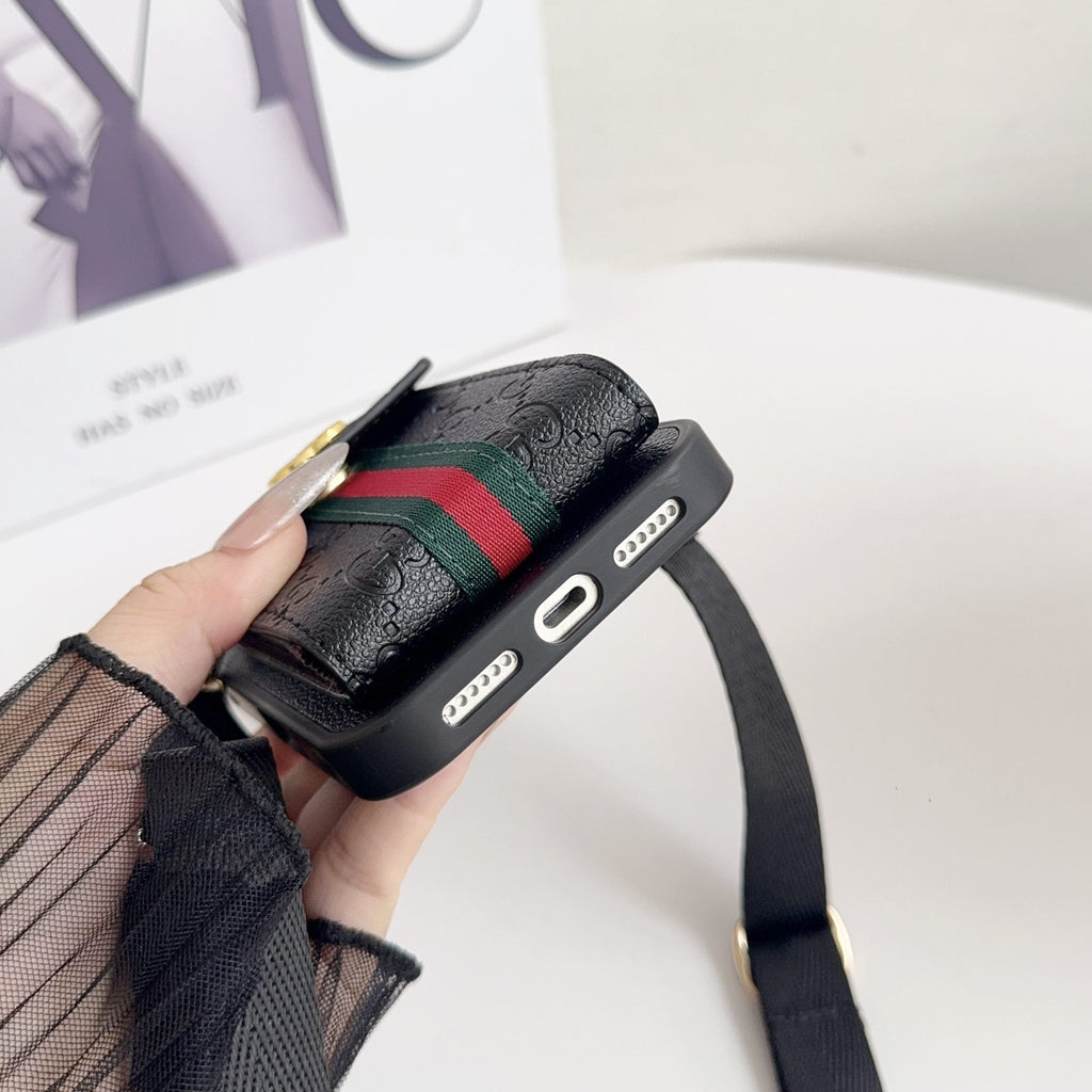 Black Leather Crossbody Designer iPhone 17 Phone Case