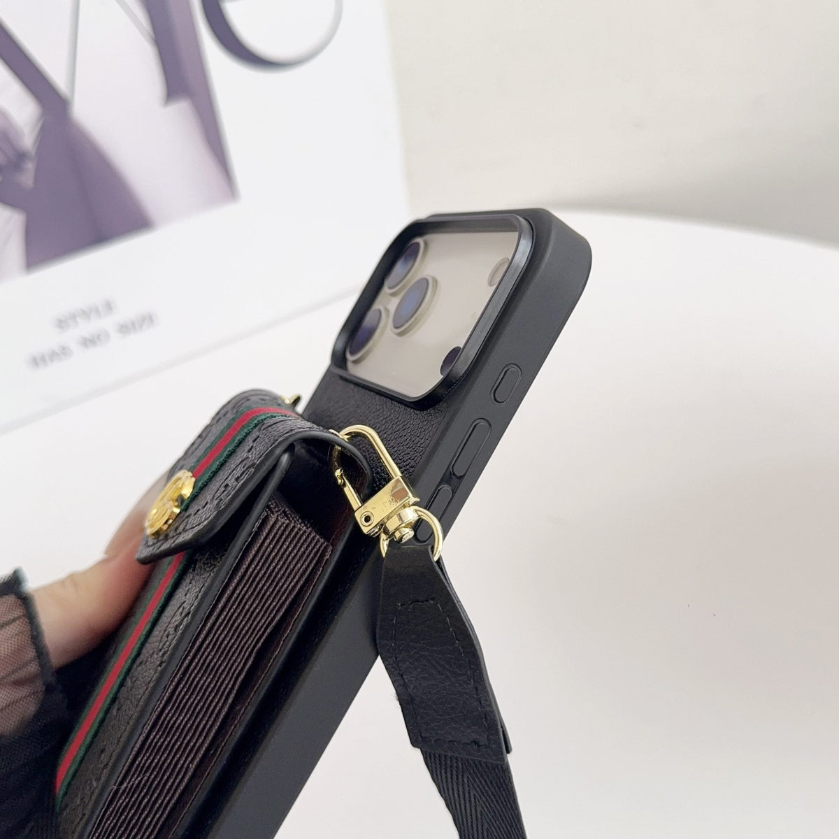 Black Leather Crossbody Designer iPhone 17 Phone Case