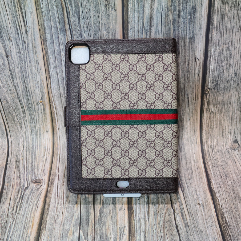 Folding GG iPad case showing the protective back cover and fitted tablet corners
