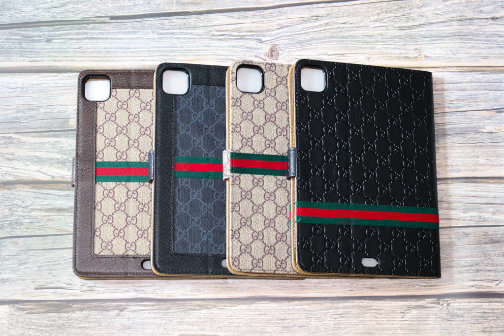 Folding GG iPad case shown in kickstand position for hands-free tablet viewing