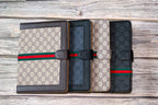 GG iPad folio cover showing the kickstand function and supported tablet angle