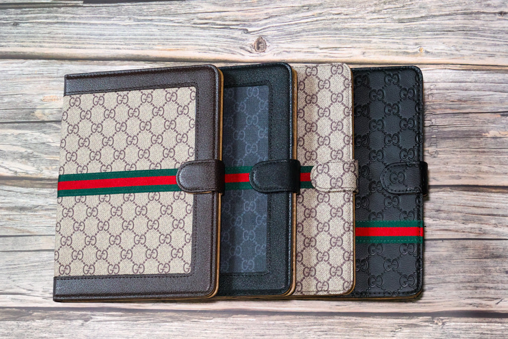 GG iPad folio cover showing the kickstand function and supported tablet angle
