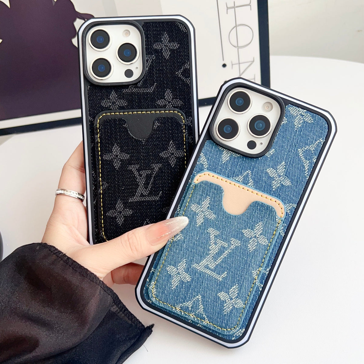 Fabric LV iPhone card slot case showing two style options and patterned finishes