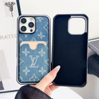 Fabric LV iPhone case with card slot showing the textured fabric back and card holder