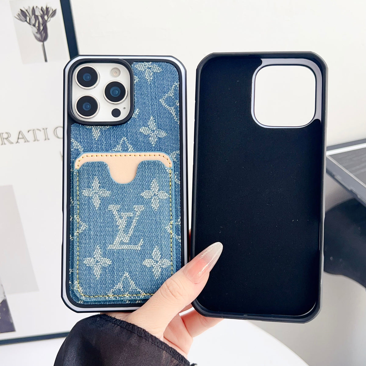 Fabric LV iPhone case with card slot showing the textured fabric back and card holder