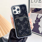 Black fabric LV iPhone card slot case showing the dark textured finish and card holder